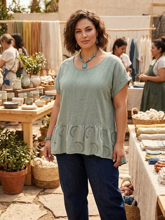 Tops - Terzo Millennio Made in Italy Sage Green Linen Eyelet Hem Tunic Top - Large
